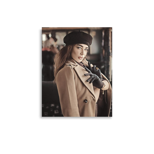 Yvette Woman in Tan Coat Black Gloves & Beret Art Poster