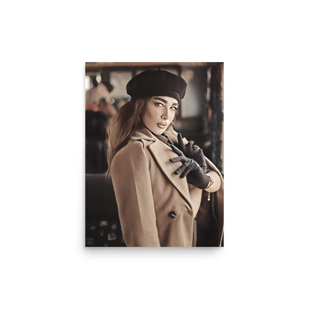 Yvette Woman in Tan Coat Black Gloves & Beret Art Poster