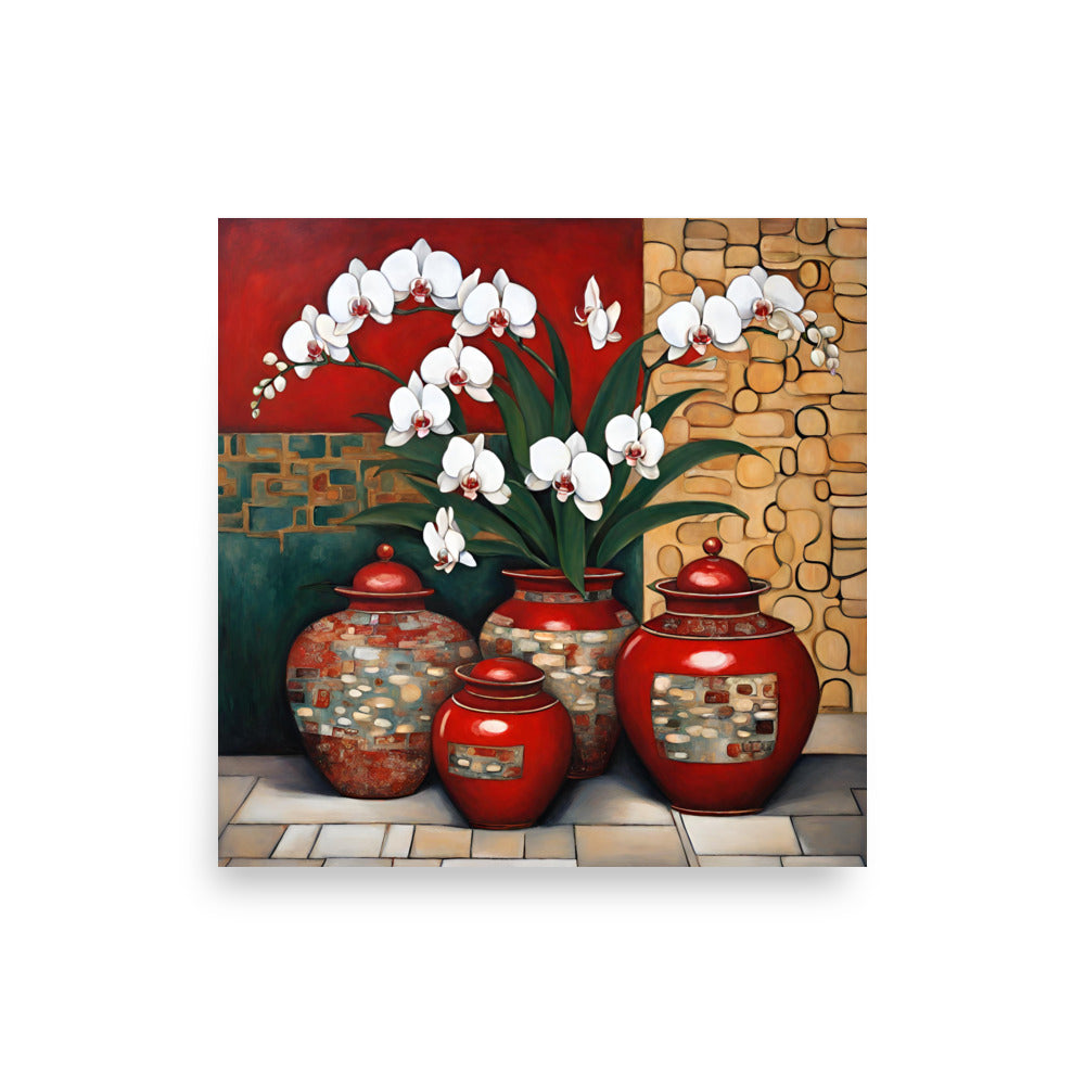 White Orchids & Red Ginger Jars Poster