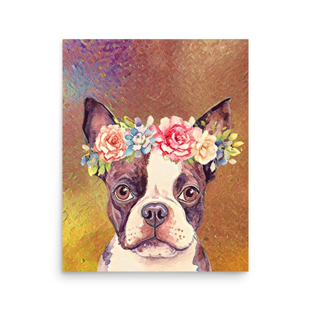 Georgina Boston Terrier with Flower Crown Poster