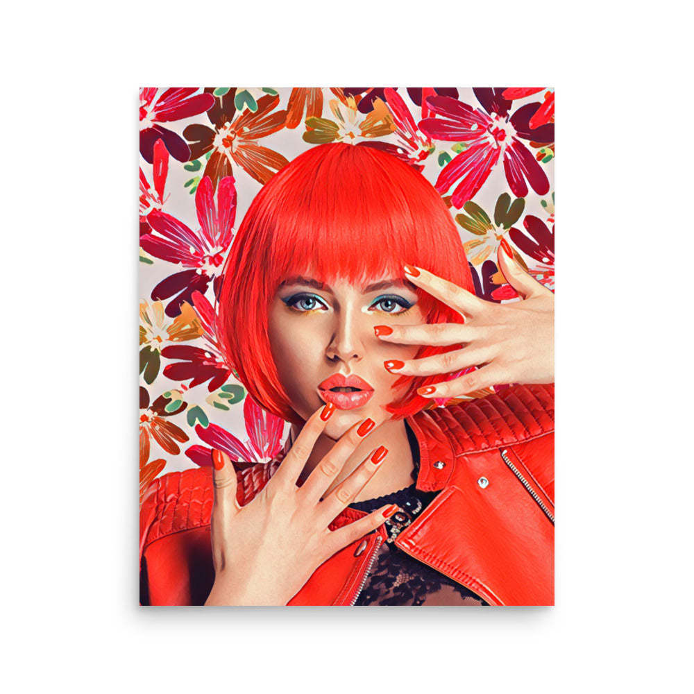 Shanna Woman with Red Bob Hair Flowers Background Art Poster