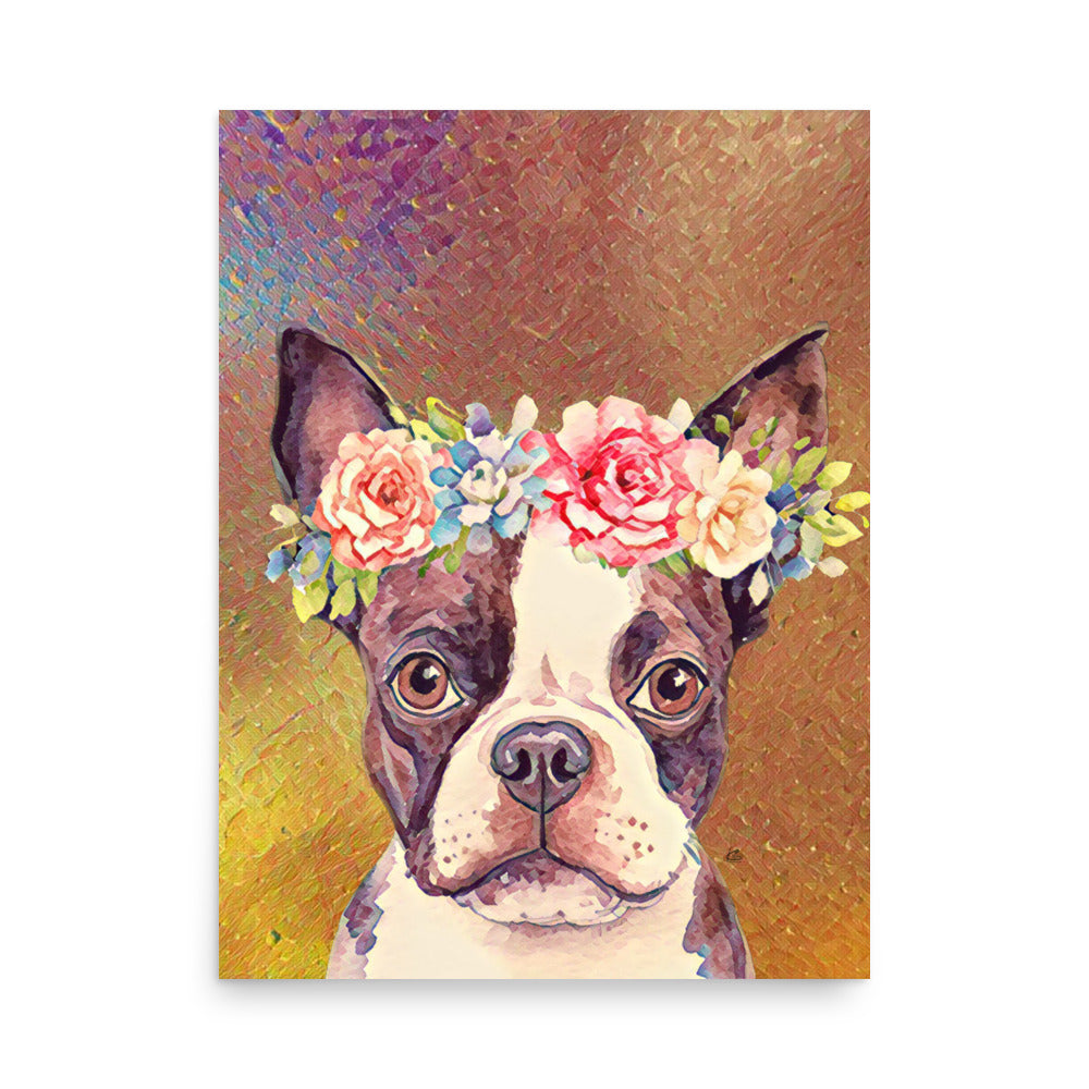 Georgina Boston Terrier with Flower Crown Poster