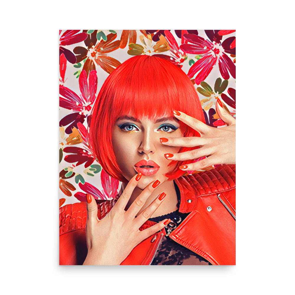 Shanna Woman with Red Bob Hair Flowers Background Art Poster