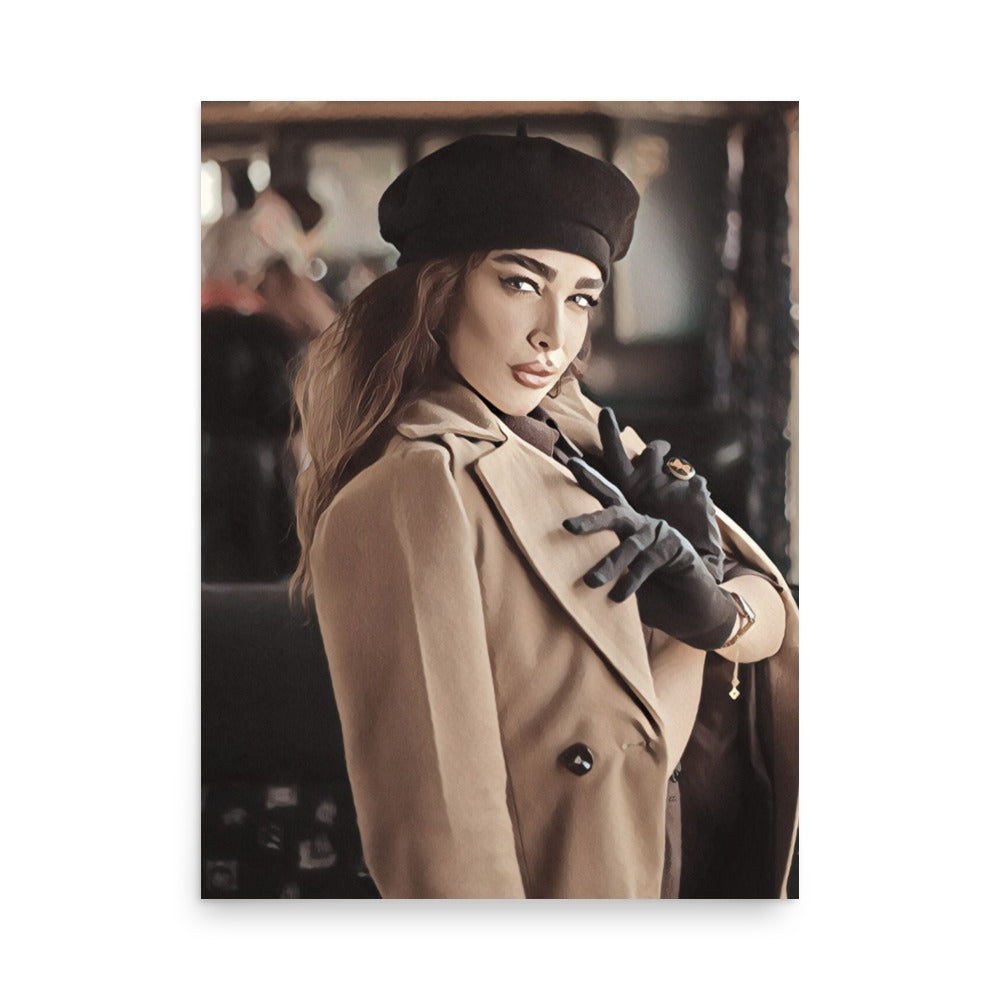 Yvette Woman in Tan Coat Black Gloves & Beret Art Poster