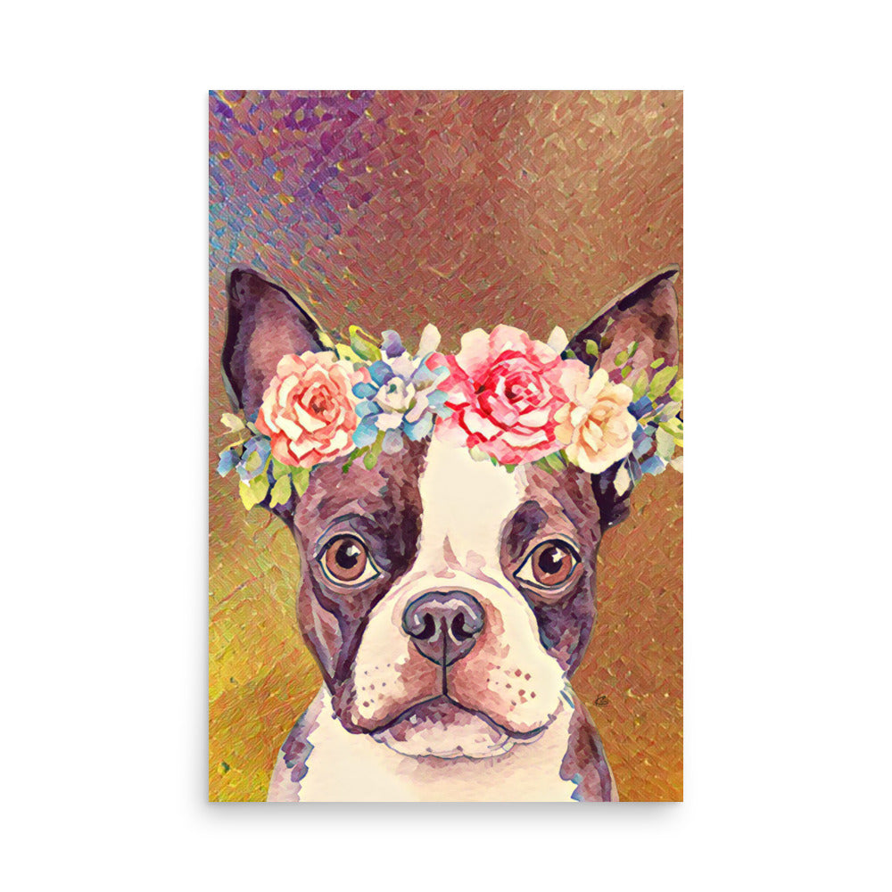 Georgina Boston Terrier with Flower Crown Poster