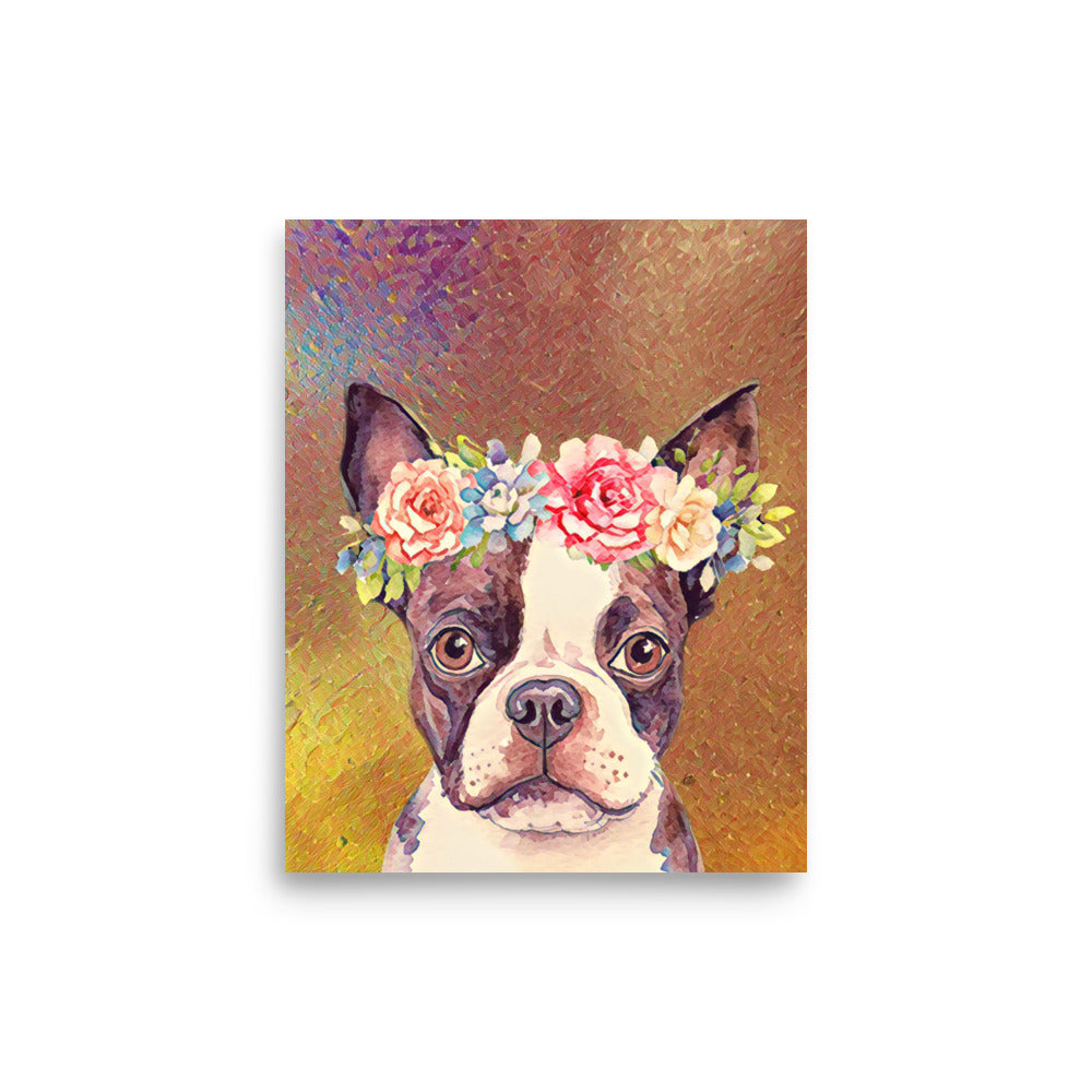 Georgina Boston Terrier with Flower Crown Poster