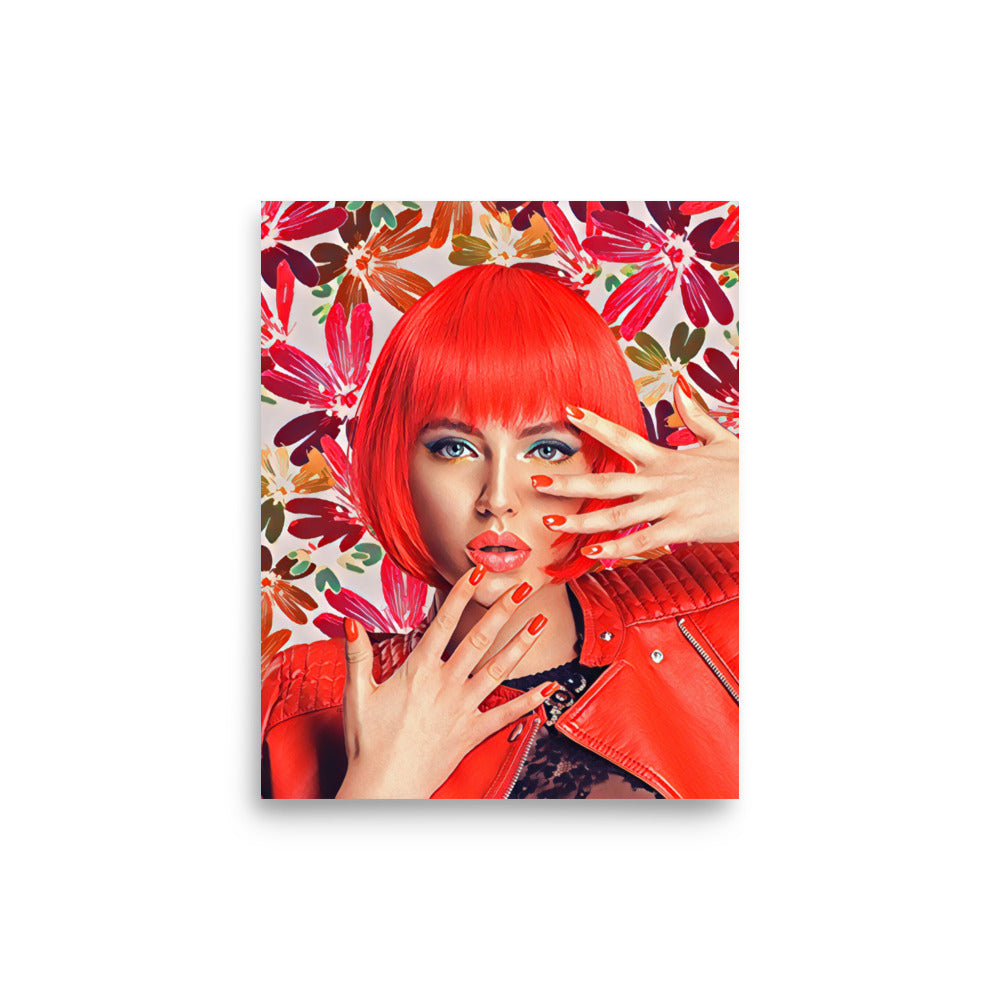 Shanna Woman with Red Bob Hair Flowers Background Art Poster