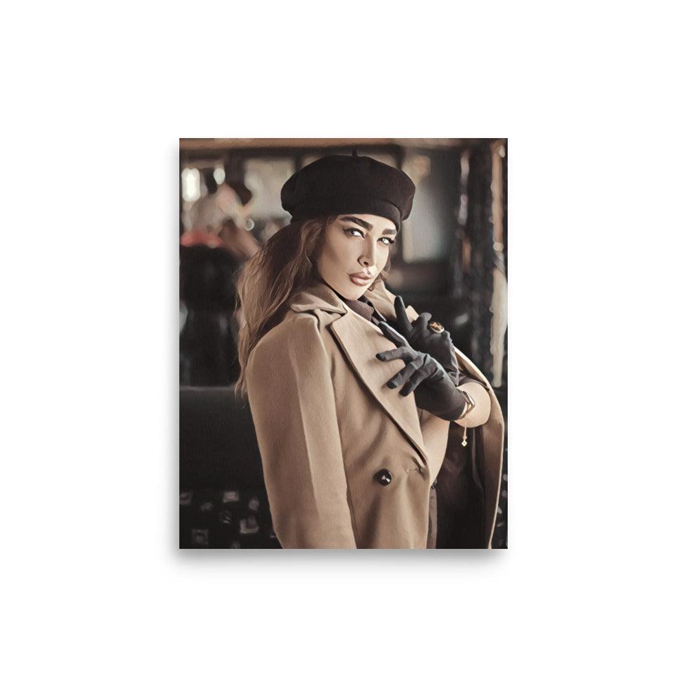 Yvette Woman in Tan Coat Black Gloves & Beret Art Poster