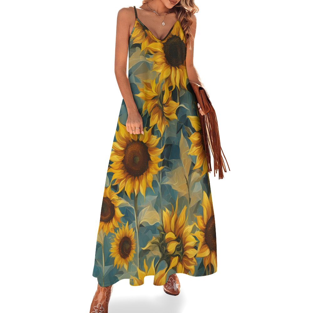 Sunflowers Women's Summer Fashion Maxi Slip Dress