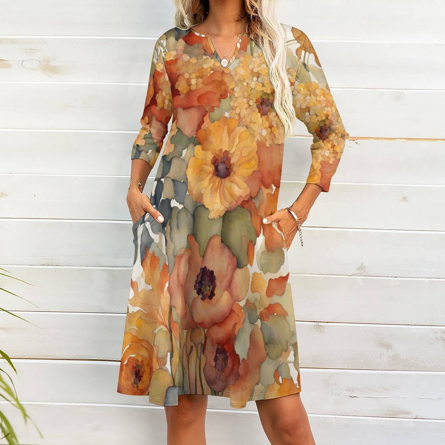 Amber V-neck 3/4 Sleeve Dress with Pockets