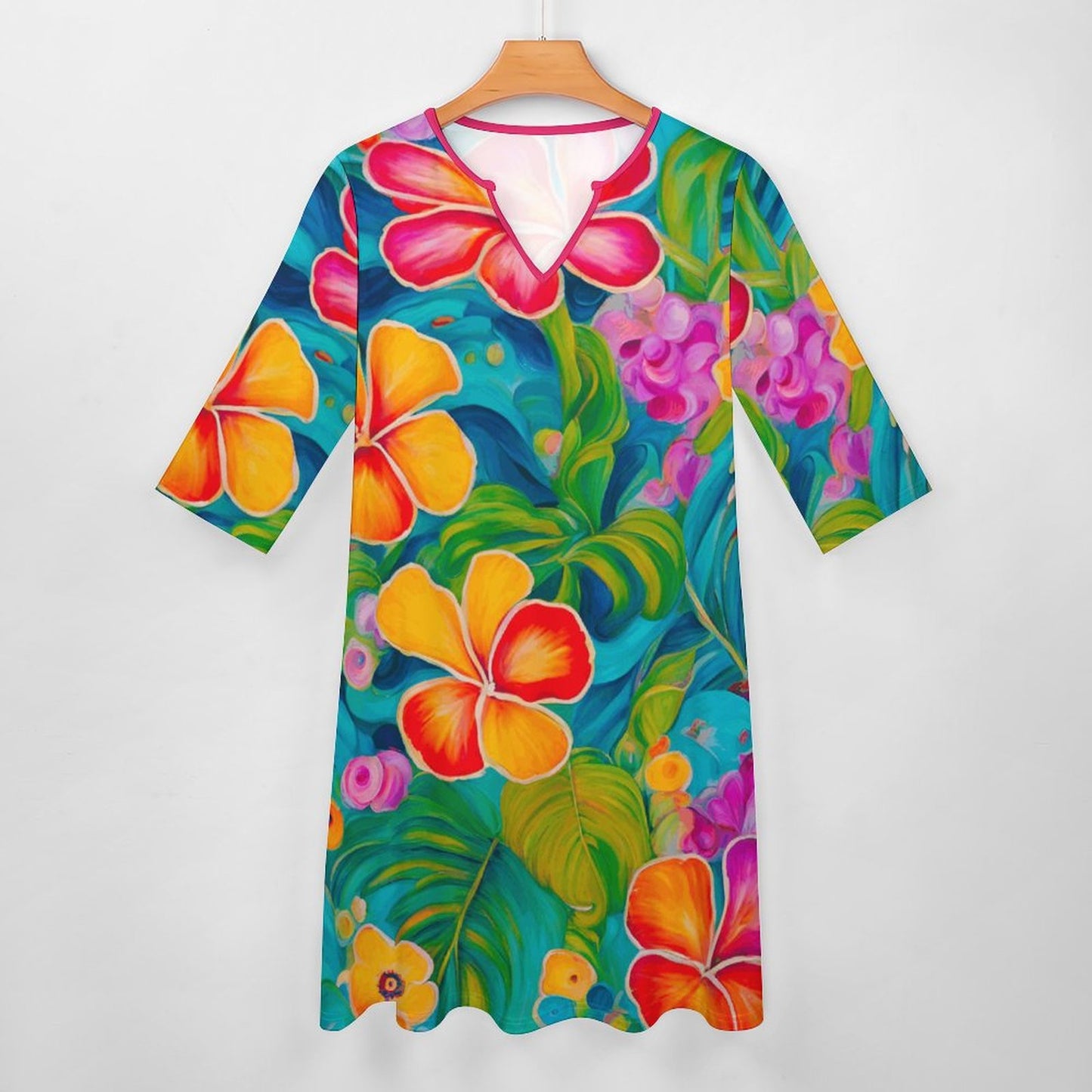 Aloha V-neck 3/4 Sleeve Dress with Pockets