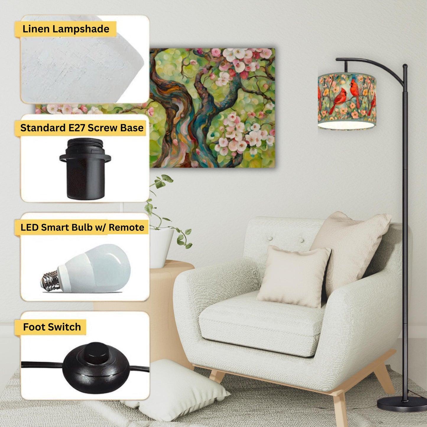 Cardinal Birds Arc Floor Lamp (Made in USA)