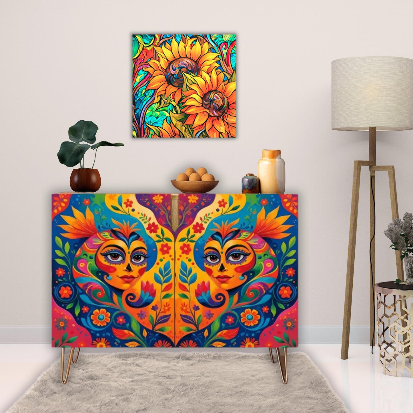 Colorful Mexican Art Wooden Storage Cabinet (Made in USA)