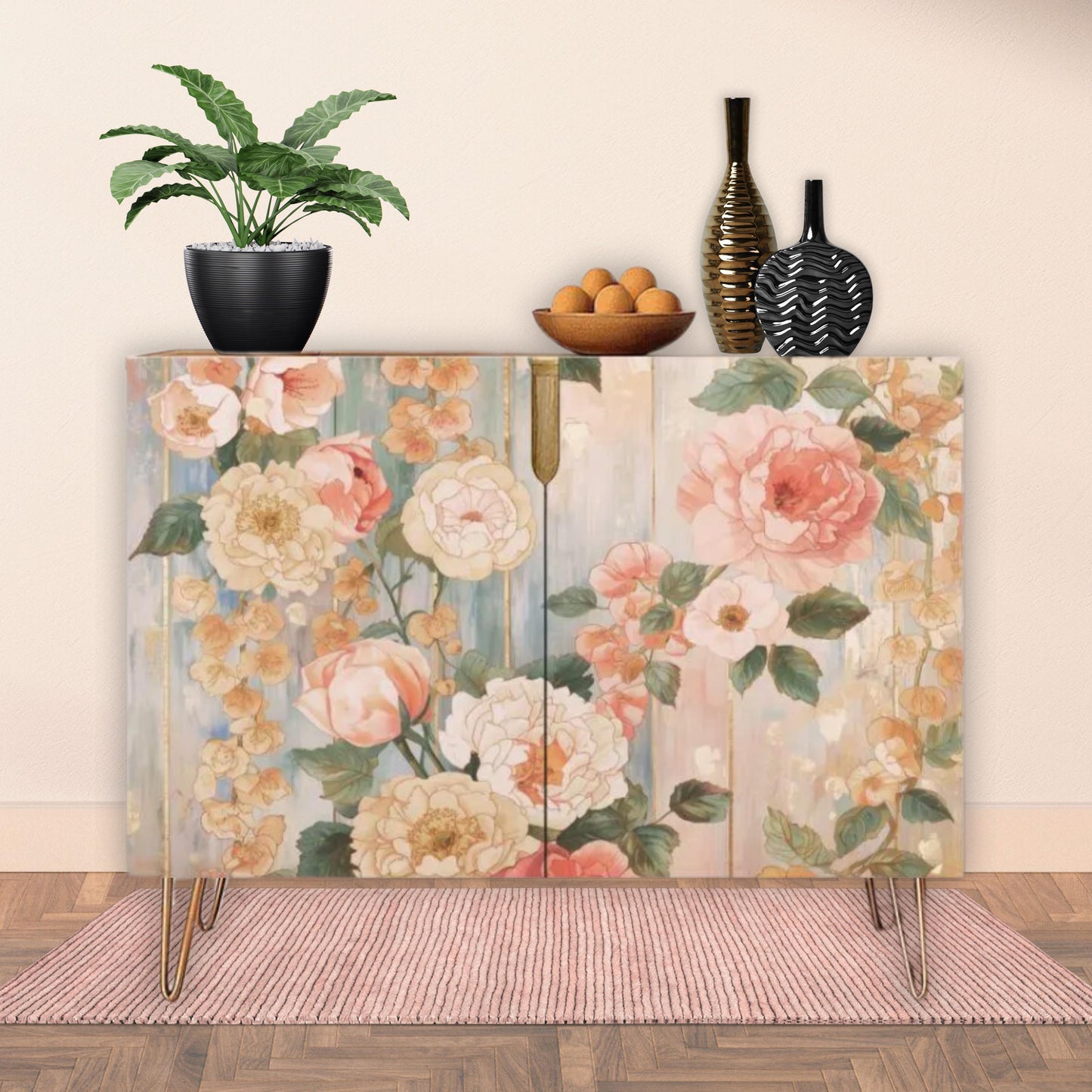 Pastel Floral Wooden Storage Cabinet (Made in USA)