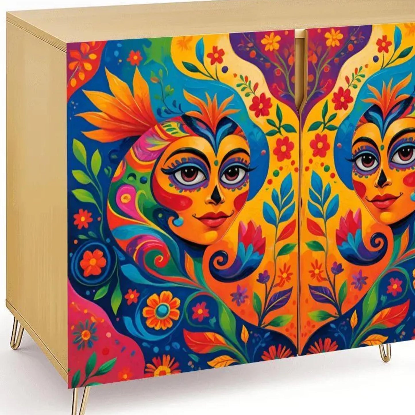 Colorful Mexican Art Wooden Storage Cabinet (Made in USA)