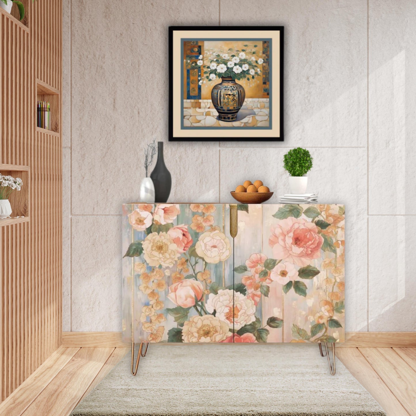 Pastel Floral Wooden Storage Cabinet (Made in USA)