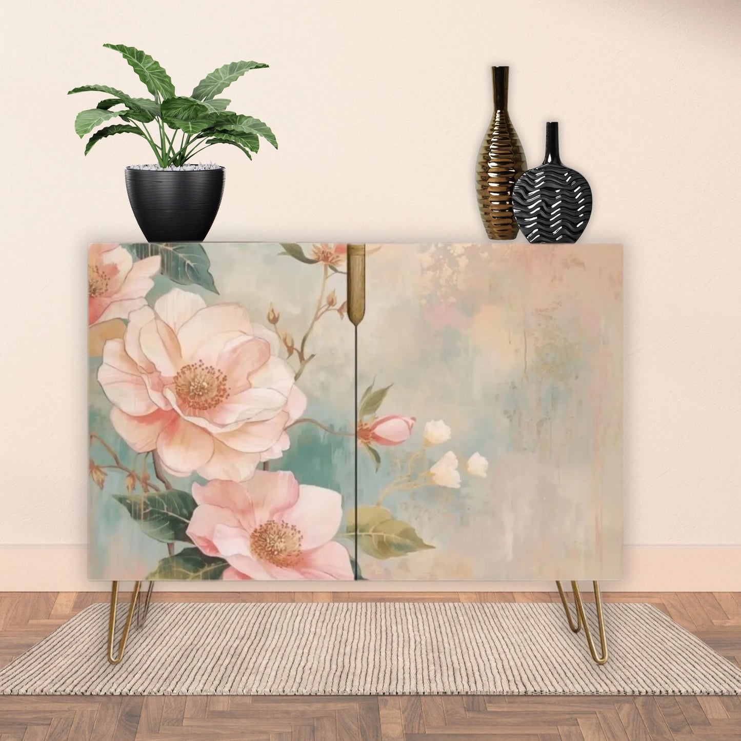 Pastel Floral Wooden Storage Cabinet (Made in USA)