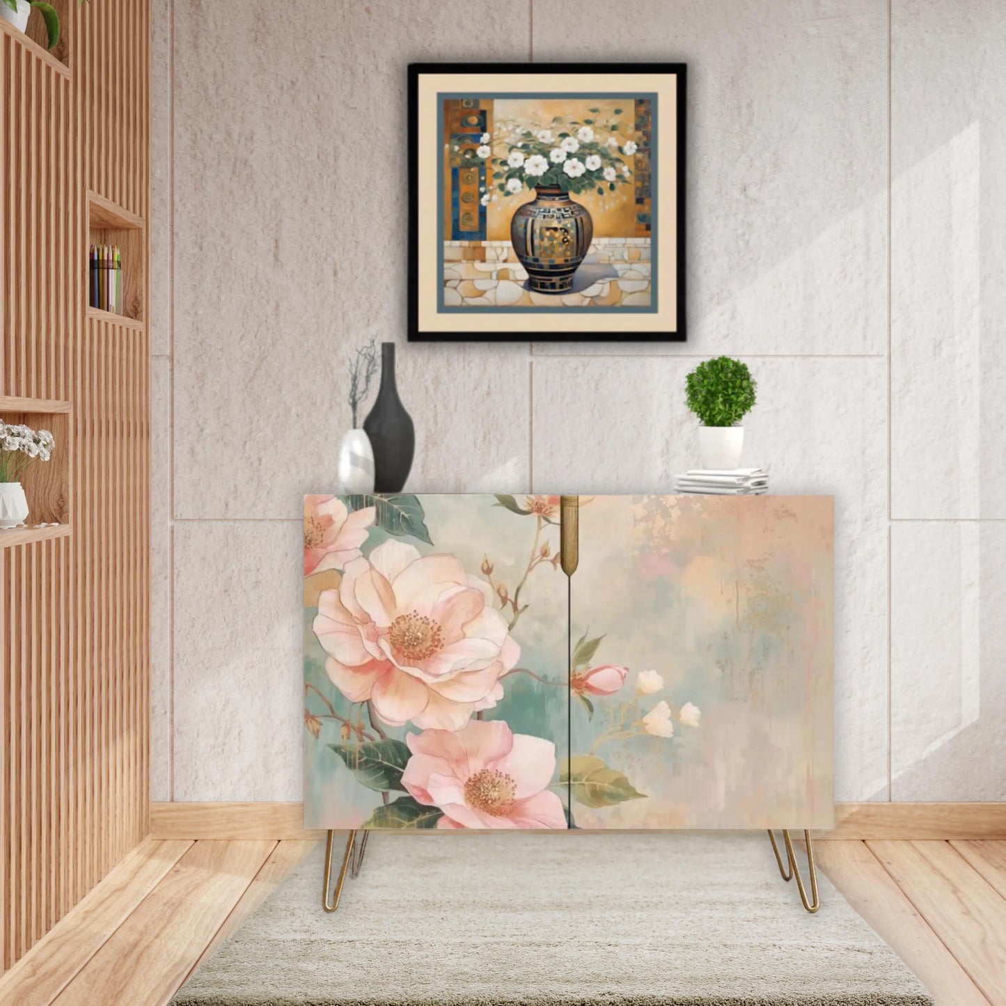 Pastel Floral Wooden Storage Cabinet (Made in USA)