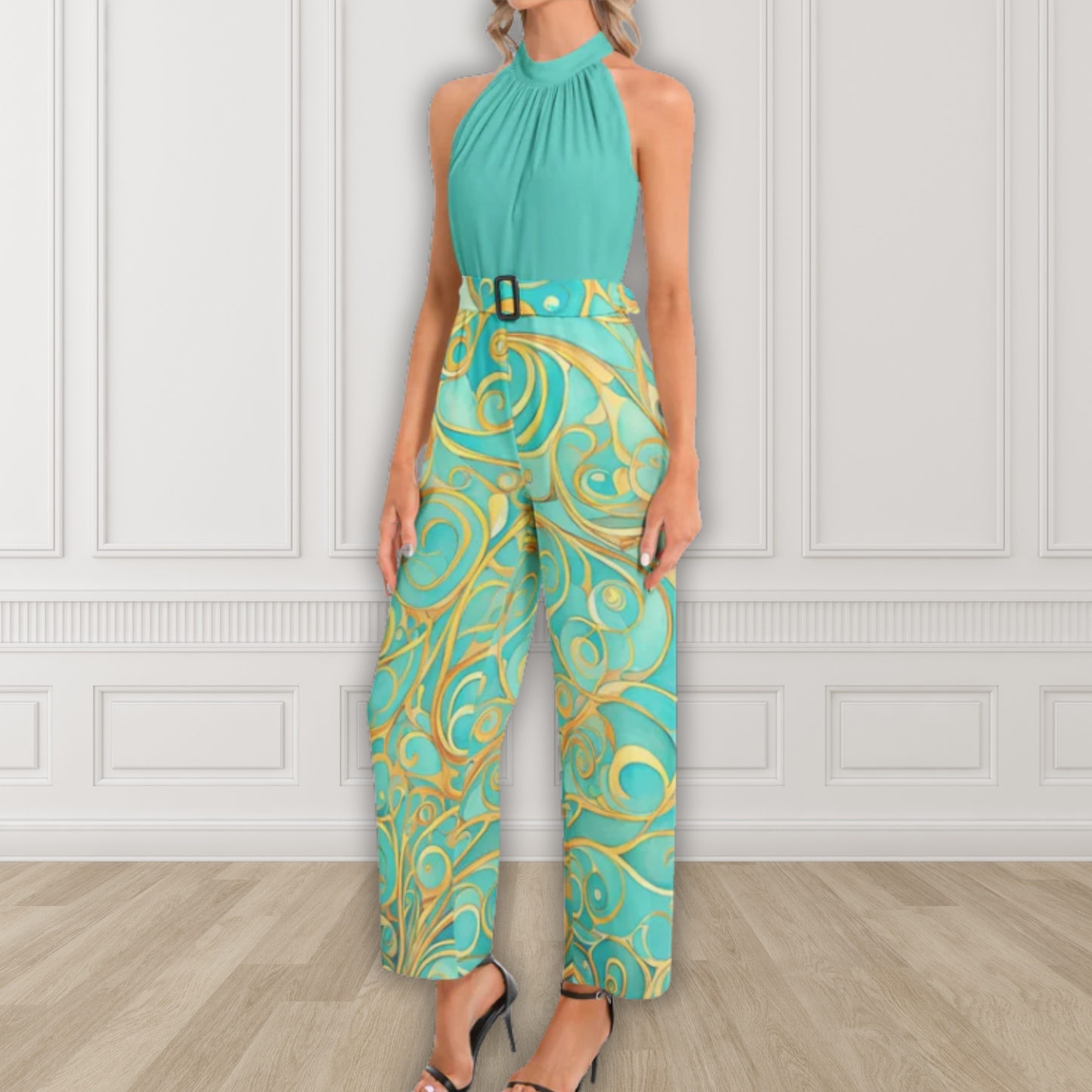 Teal Swirl Halter Neck Buckle Belted Jumpsuit