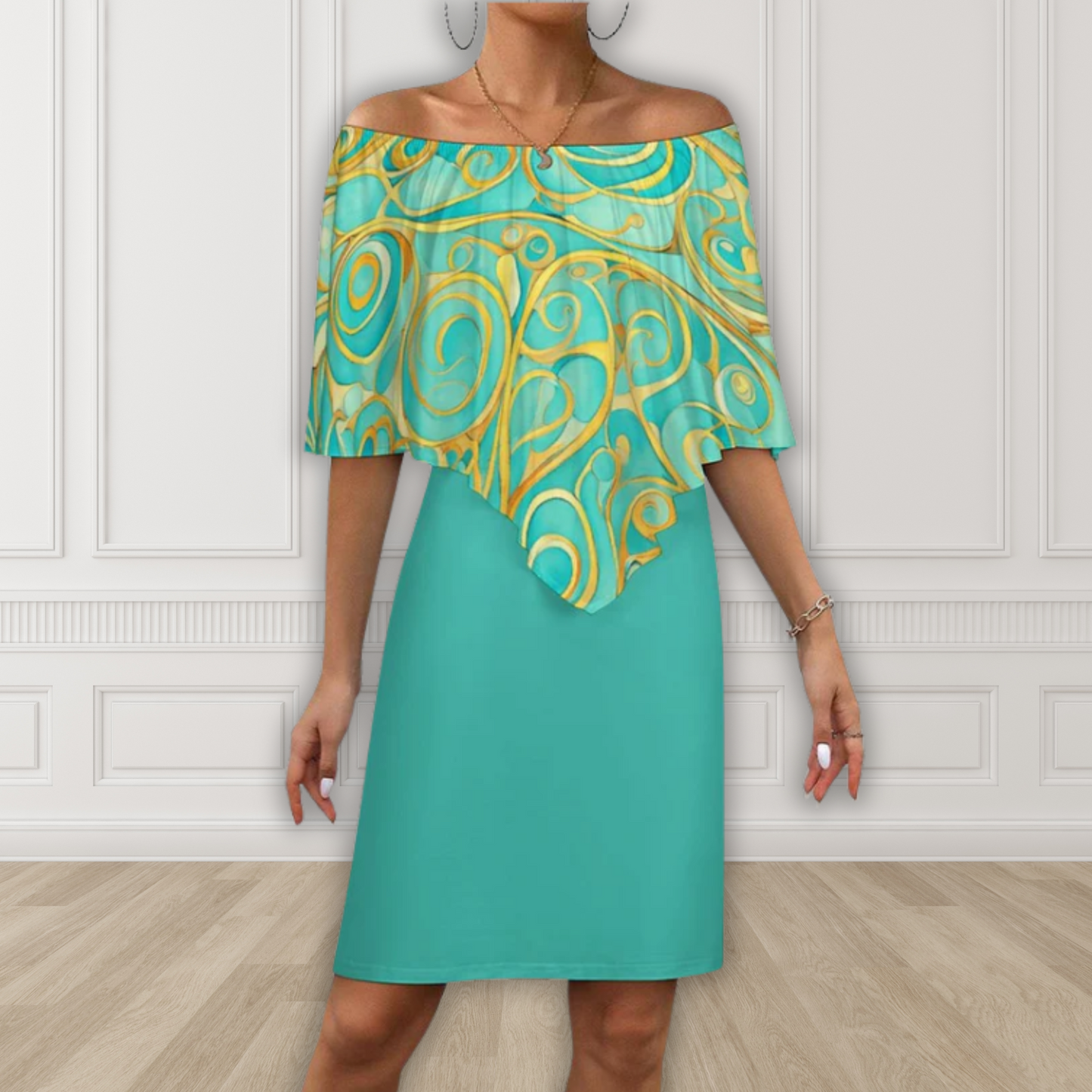 Teal Swirl Women's Off-shoulder Shawl Dress
