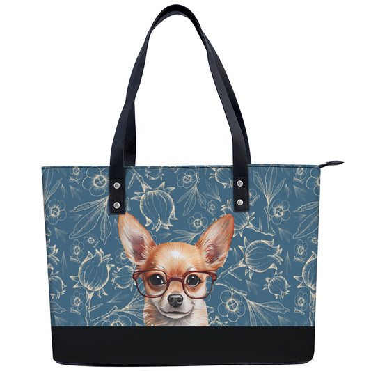 Chihuahua in Glasses PU Leather Handbag Tote