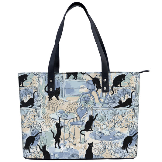 Paris Cats in Blue PU Leather Handbag Tote