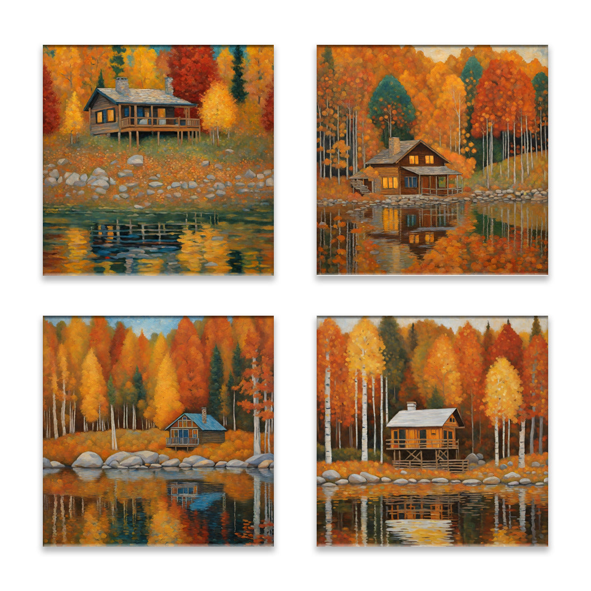 Autumn Lakeside Cabins Absorbent Coasters- Set of 4