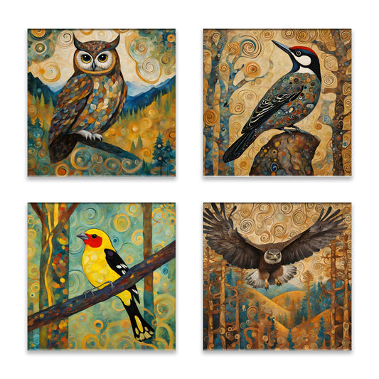 Mountain Forest Animals 4 (Hawk, Owl, Tanager, Woodpecker) Absorbent Coasters - Set of 4