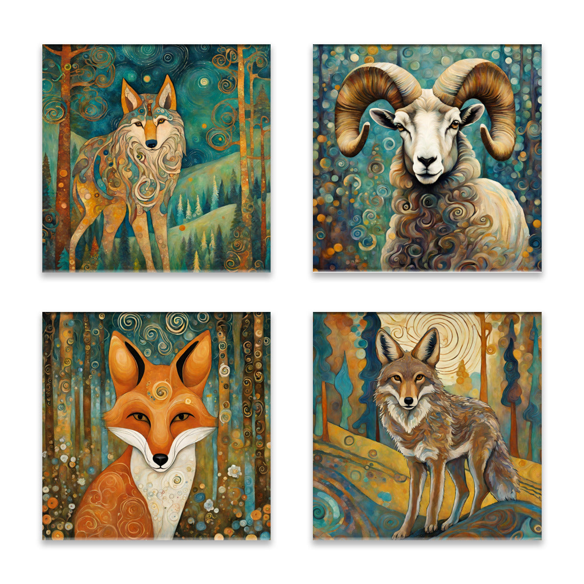 Mountain Forest Animals 3 (Fox, Coyote, Wolf, Big Horn Sheep) Absorbent Coasters- Set of 4