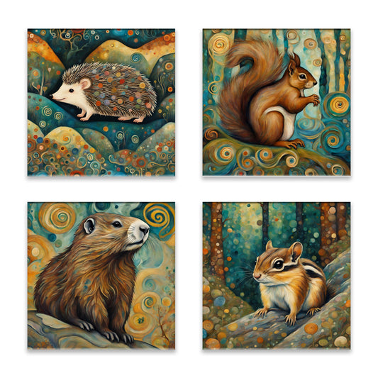 Mountain Forest Animals 2 (Marmot, Squirrel, Hedgehog, Chipmunk) Absorbent Coasters - Set of 4