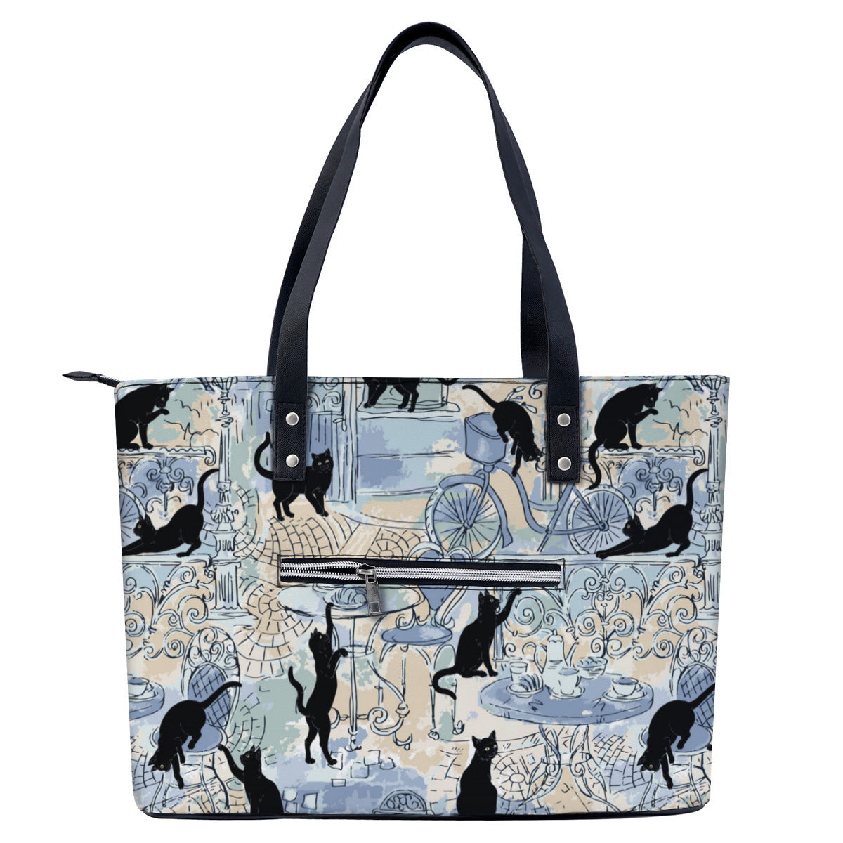 Paris Cats in Blue PU Leather Handbag Tote