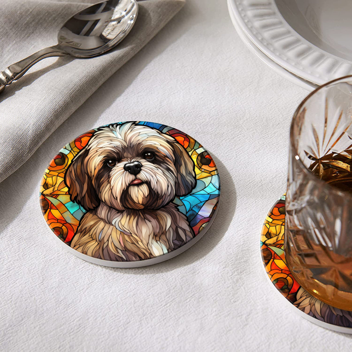 Lhasa Apso Round Ceramic Coasters with Cork Back, Set of 2, 4 or 6