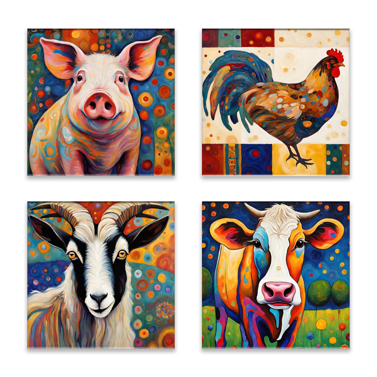 Colorful Farm (Cow, Pig, Rooster, Goat) Absorbent Coasters- Set of 4