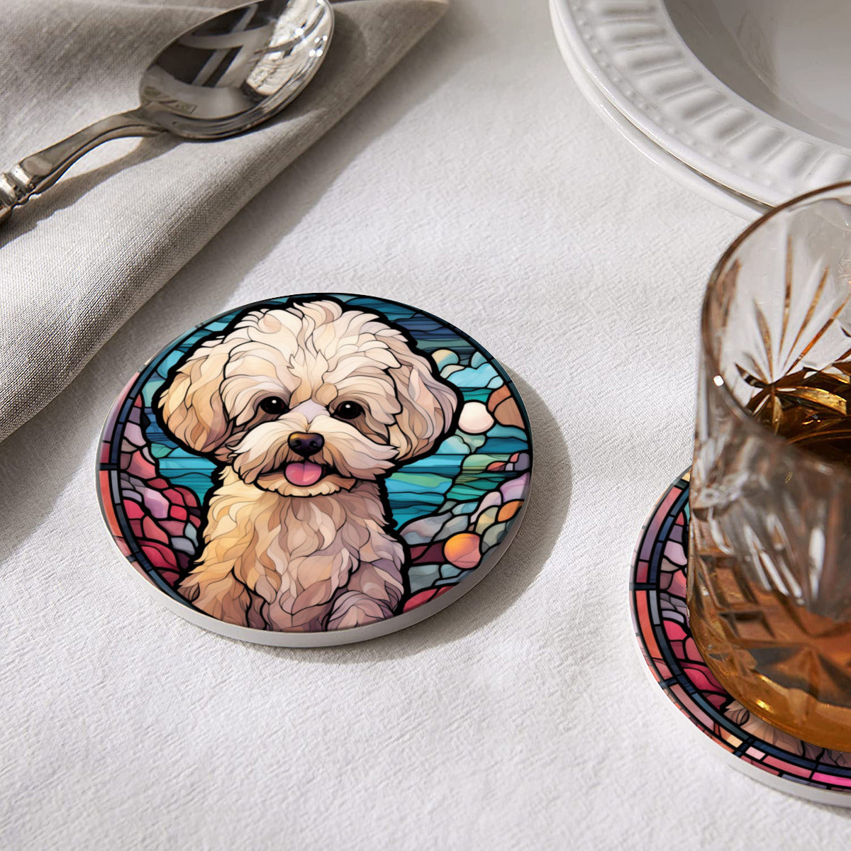 Bichon Frise Round Ceramic Coasters with Cork Back, Set of 2, 4 or 6