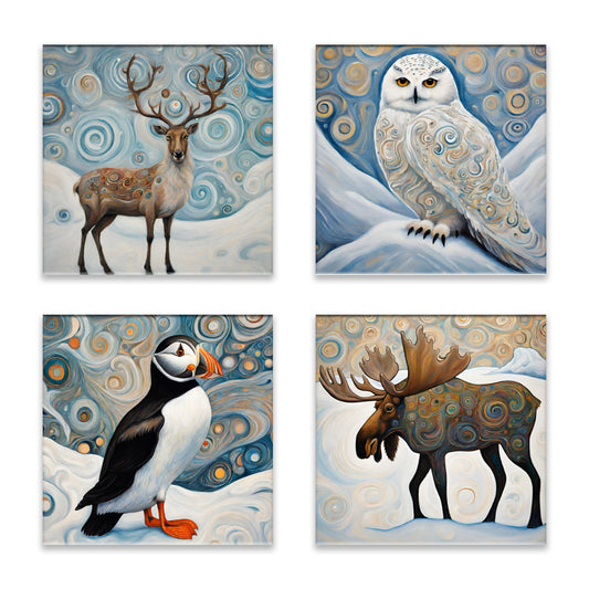 Arctic Animals 4 (Puffin, Moose, Reindeer, Snowy Owl) Absorbent Coasters- Set of 4