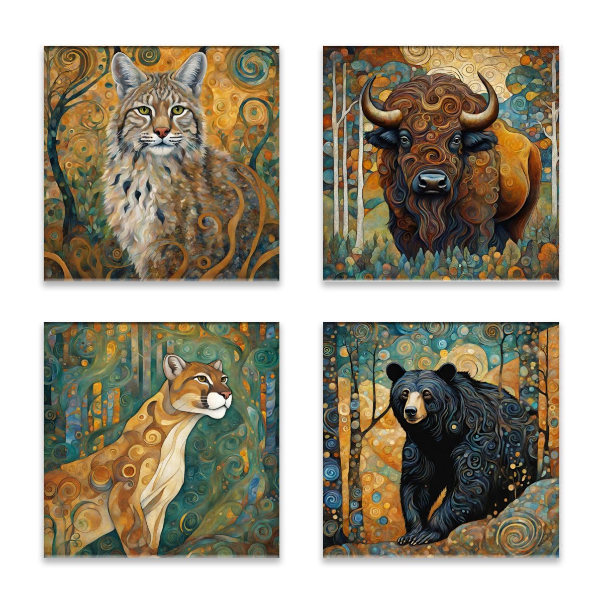 Mountain Forest Animals 6 (Black Bear, Cougar, Bobcat, Bison) Absorbent Coasters- Set of 4