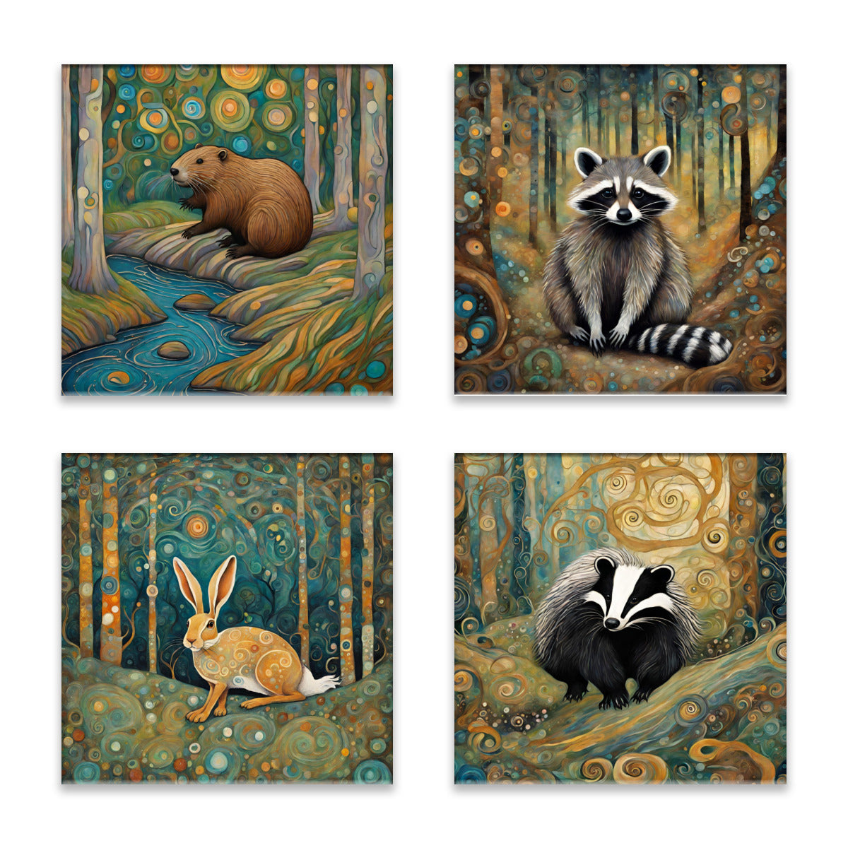 Mountain Forest Animals 5 (Beaver, Badger, Hare, Raccoon) Absorbent Coasters- Set of 4