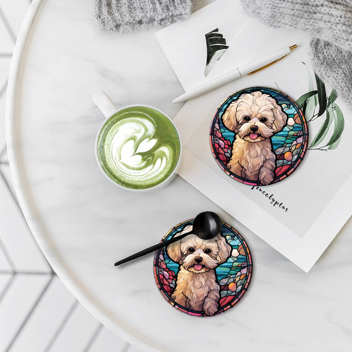 Bichon Frise Round Ceramic Coasters with Cork Back, Set of 2, 4 or 6