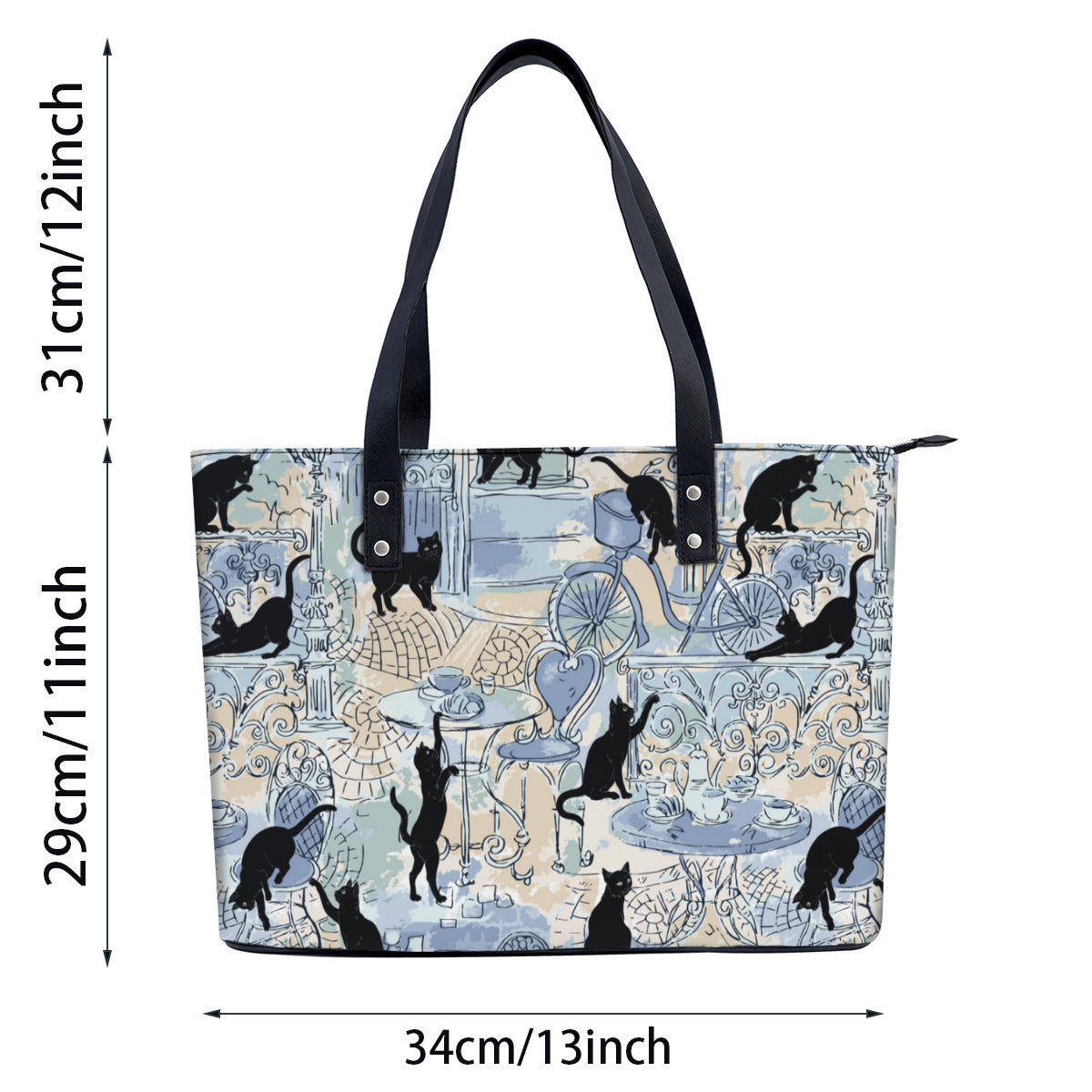 Paris Cats in Blue PU Leather Handbag Tote