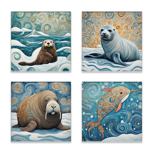 Arctic Animals 3 (Seal, Walrus, Otter, Narwhal) Absorbent Coasters - Set of 4