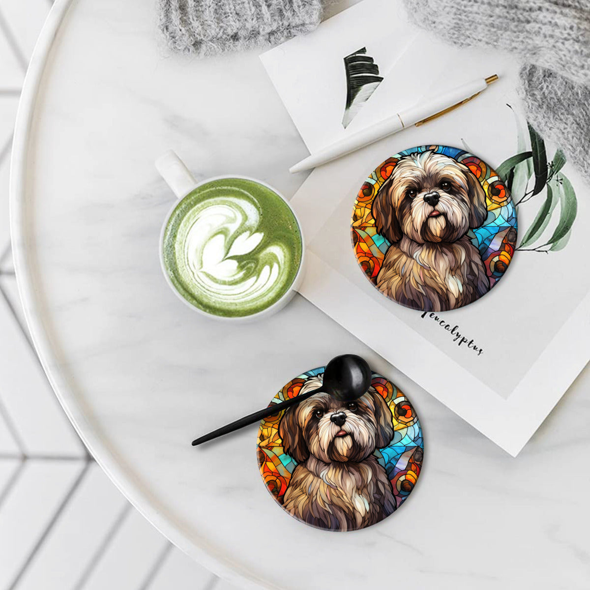 Lhasa Apso Round Ceramic Coasters with Cork Back, Set of 2, 4 or 6